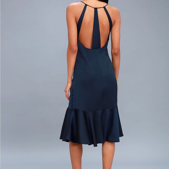 Lulus Alston Navy Blue Satin Midi Dress Size S - Picture 4 of 12